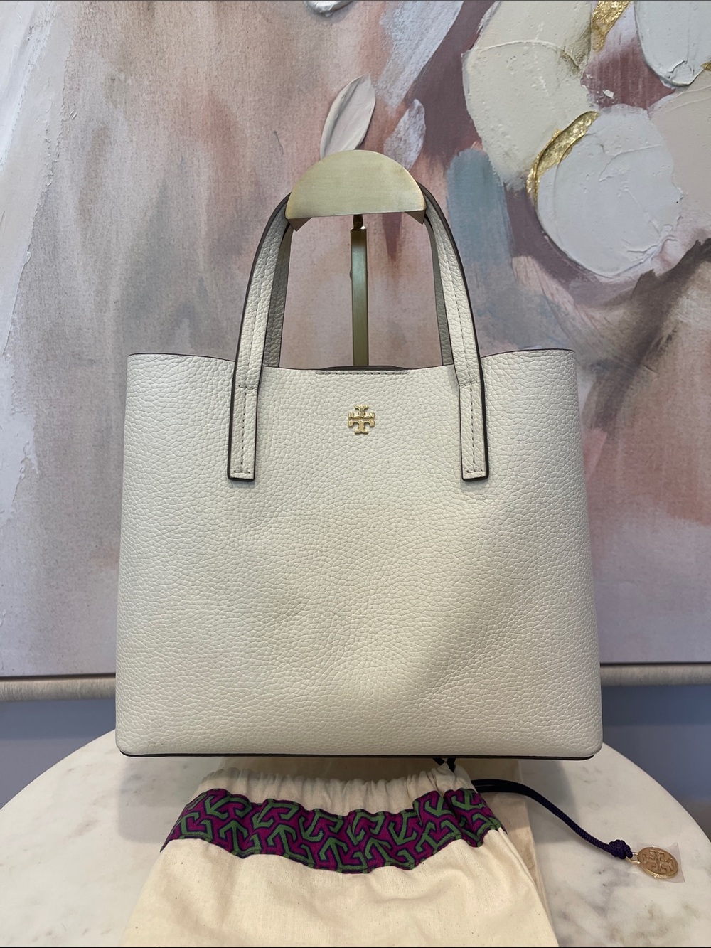 Tory Burch Blake Pebbled Leather Tote in Off-White